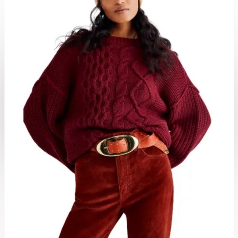 Free People Deep Red Cable Knit Sweater
